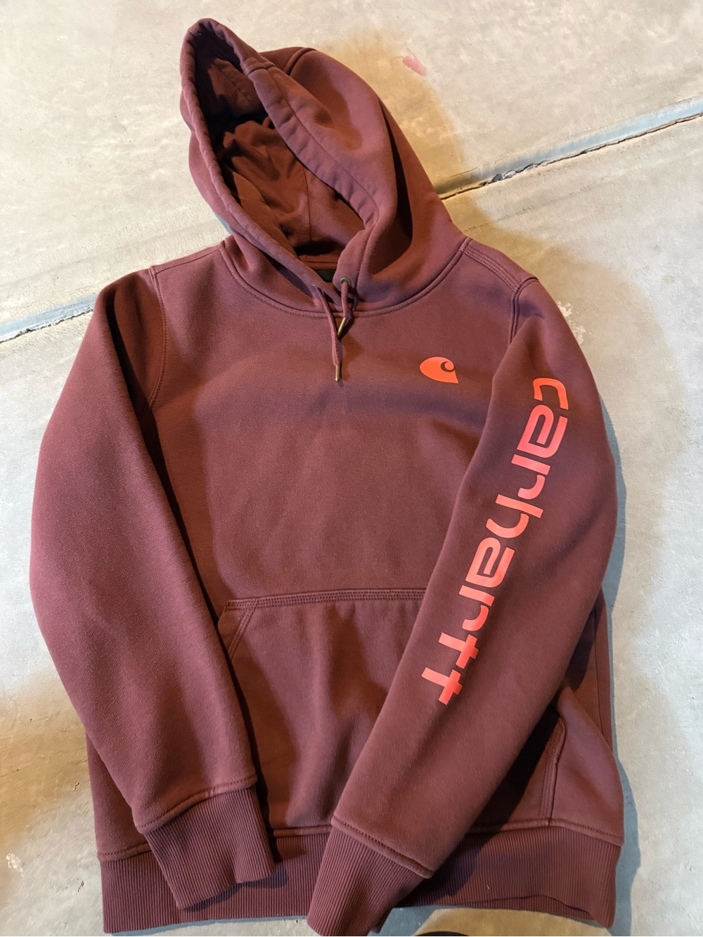Carhartt Maroon Hoodie with Coral Logo Sleeve